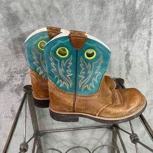 ARIAT Fatbaby Western Youth Kids Boots Leather Tan Blue Riding Slip On Sz 4